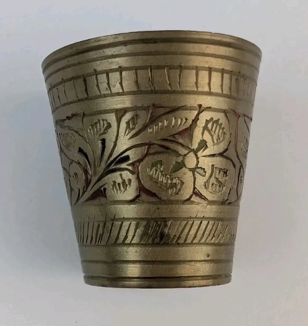 Vintage Brass Shot Glasses Set of 2 Etched Floral Metal Cups India Barware